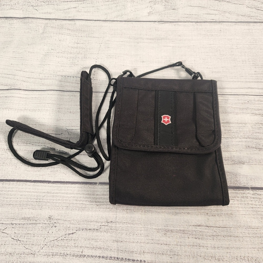 Victorinox Swiss Army Black Nylon Travel Neck Pouch Tri-fold Wallet Passport Bag